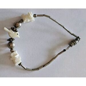 Shell Heishi and Bird Fetish Bracelet Silver Tone